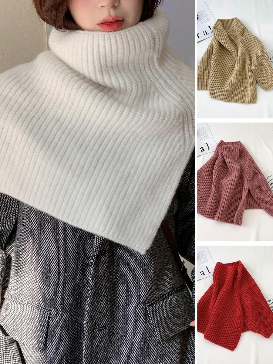 1 件女式純色針織保暖時尚連帽披肩圍巾,適合秋冬戶外活動時保護頸部 - 白色 - 查看 1