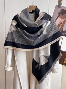1pc Ladies' Thick Fleece Houndstooth Pattern Scarf Shawl For Autumn & Winter, Perfect For Daily Wear - Black and White - View 2