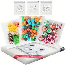 100入組小禮袋,小號透明塑料袋附貓咪圖案,可重複使用,自粘opp袋,適用於糖果、糕點、禮物、珠寶、卡片等