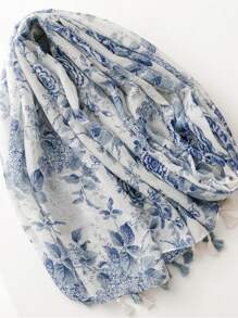 1入新款藍色花卉印花流蘇圍巾、披肩、包裹頭巾、禮物