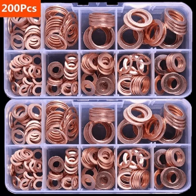 200pcs Copper Washer And Bolt Set With Flat Ring Seal In Classification Kit With Box // M8/m10/m12/m14 For Oil Pan Drain Plug