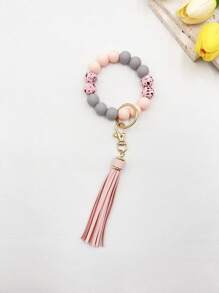 1pc Pu Leather Fringe & Silicone Beaded Keychain & Bracelet - Green - View 2