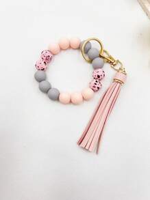 1pc Pu Leather Fringe & Silicone Beaded Keychain & Bracelet - Green - View 3