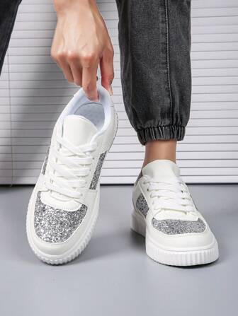 Women White Casual Shoes, Fall/Winter New Versatile Sneakers, Low-Top White Shoes For Students, Soft Bottom Athletic Shoes, Galerist Silver Color Shoes