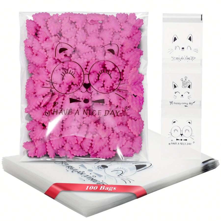 100入組小禮袋,小號透明塑料袋附貓咪圖案,可重複使用,自粘opp袋,適用於糖果、糕點、禮物、珠寶、卡片等