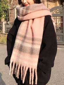 1條女士綠色和紫色格紋馬毛披肩圍巾,適用於秋冬季節