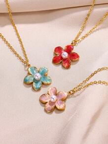 1條時尚金色不鏽鋼鏈,設有粉色花朵和珍珠,非常適合作為女士婚禮首飾禮物