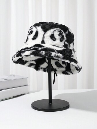 1 pieza Sombrero de cubo de peluche grueso y cálido con estampado de panda de dibujos animados en blanco y negro, estilo tie-dye, protección de oídos, vintage y de moda, sombrero de sol para hombre apto para actividades al aire libre de verano como senderismo y pesca