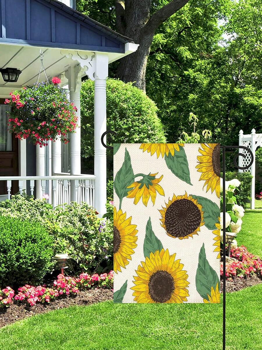 1入組油畫向日葵、葉子、花朵圖案室內外家居旗幟 - 黑色 - 查看 1