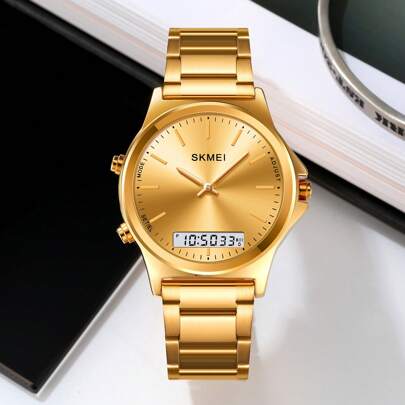  Reloj De Doble Movimiento Sencillo Dorado Skmei Para Señora Resistente Al Agua 30m, Accesorio De Moda