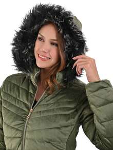 Chamarra Abrigo Rosa Tercio Pelo Para Dama Mujer con Gorro de Peluche Desmontable - Verde militar - Ver 4