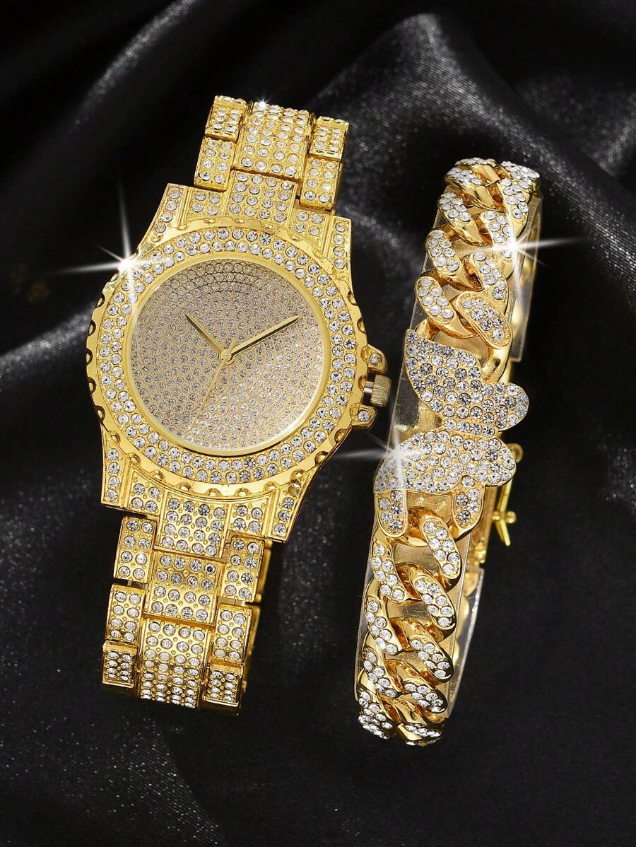 2入組派對迷人女士鋼帶合金石英手錶,鑲滿鑽石手錶和手鐲