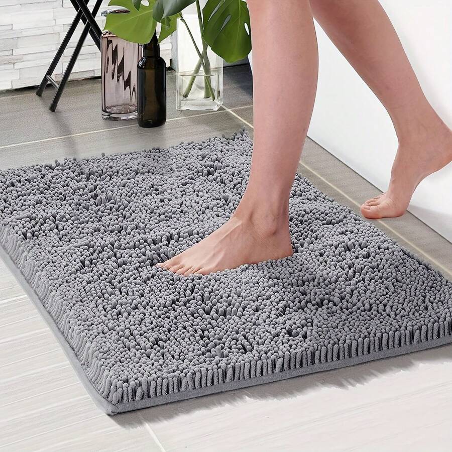 1pc Simple Light Grey Soft Chenille Absorbent And Non-Slip Bathroom Rug, Also Suitable For Room Decoration Home Bathroom Decor Floor Carpet Outdoor Rug Door Mat Fall Decor Bathroom Accessories Back To School Entryway Decor - Light Grey - View 1
