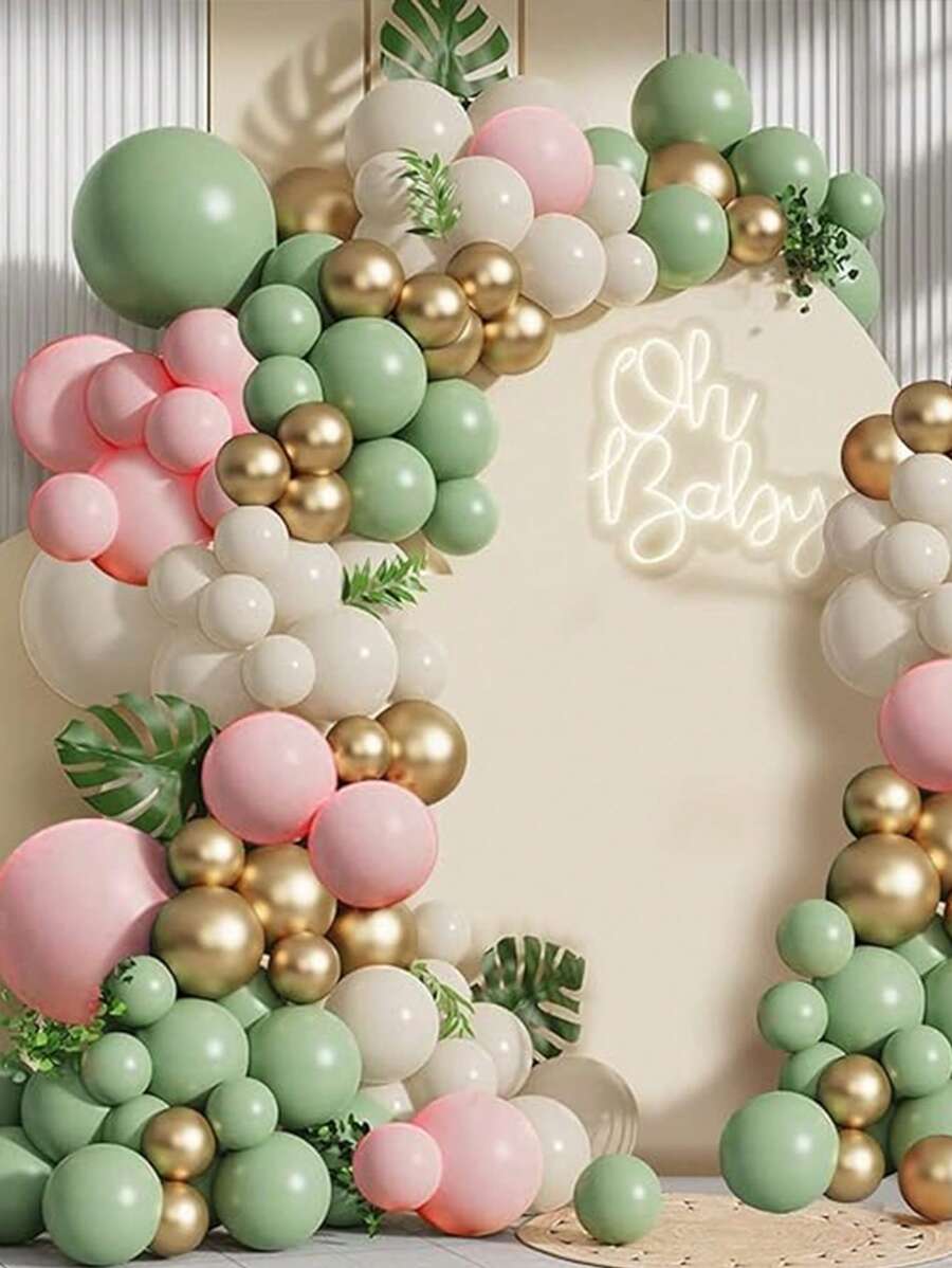 綠色和粉紅色氣球花環套件,99 件橄欖綠腮紅粉紅色沙白色金屬金色氣球 + 女孩迎嬰派對新娘婚禮生日叢林野生動物園林地派對裝飾 - 彩色 - 查看 1