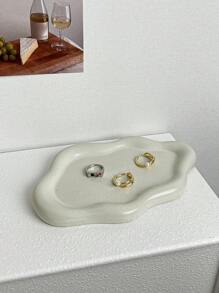 1pc Asymmetrical Cloud Shape Ceramic Tray For Jewelry Storage, Home Decor - white sesame dots - View 2
