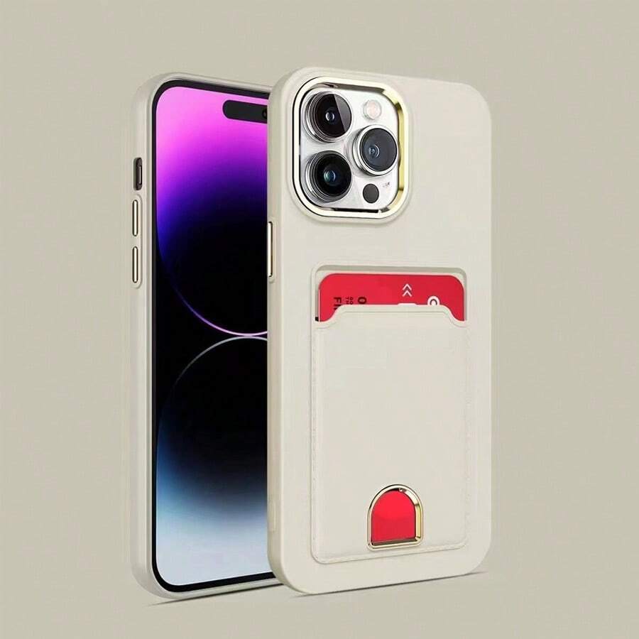 適用於iPhone 15Pro Max電鍍鏡頭環卡插式手機殼，適用於iPhone 14 15Plus 13 12 11Pro Max，奢華皮膚友好型全包式防摔保護套，純色卡包 - 米色 - 查看 1