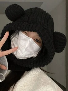 1 Miếng Mũ len Đối với phụ nữ , Mùa Đông Ấm áp Dày Chống gió Mũ Với Gấu Đôi tai , Cái cổ Ấm áp hơn Khăn quàng cổ Mũ lưỡi trai - màu đen - Xem 2