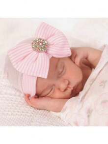 1 Miếng Sọc Trẻ sơ sinh Mũ Beanies Với Lớn Bowknot & Rhinestone sáng bóng Đối với Mùa thu Và Mùa Đông - Nhiều màu - Xem 2