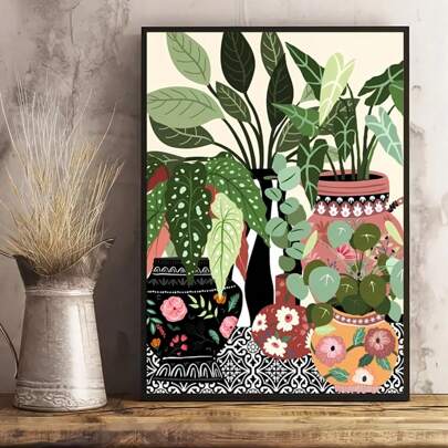 1pc Canvas Poster, Bohemian Floral Antique Vase With Geo Ceramic Tile Plant Art Print Wall Art For Living Room, Wall Decor, Home Decor, Unframed Canvas Print Gifts Birthday Graduation