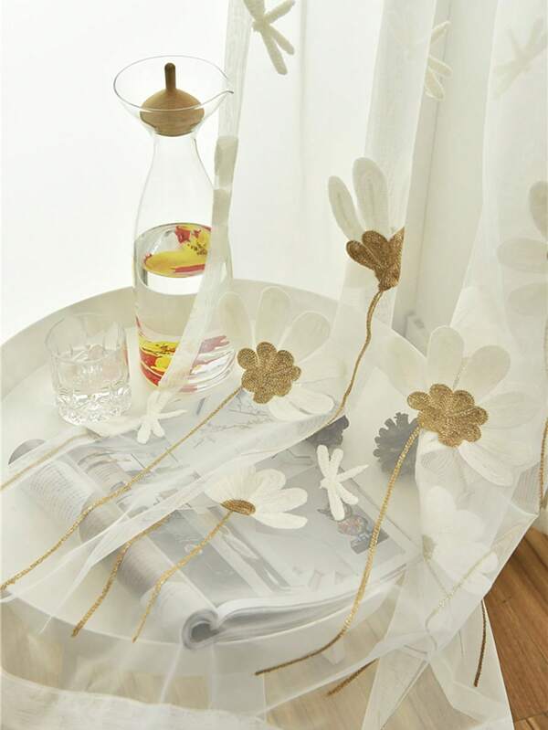 1pc American Country Style Daisy Tulle Curtain With Pole Pocket