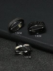 3入組黑色雙環設計戒指 - 黑色 - 查看 2