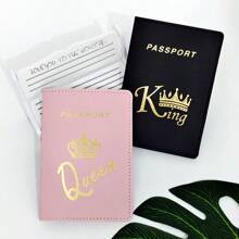 2 件組 Pu 皮革情侶護照套 護照套 護照夾 護照錢包 卡夾 皇冠圖案 輕便時尚旅行配件 適合女士或男士 學生禮物 情侶度假配件 旅行配件套裝 節日女士禮品 情侶禮物 - 彩色 - 查看 7