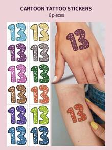 6張/12入彩色數字13紋身貼紙,帶星型圖案,非常適合派對、節日、音樂會和藝人打扮 - 彩色 - 查看 1