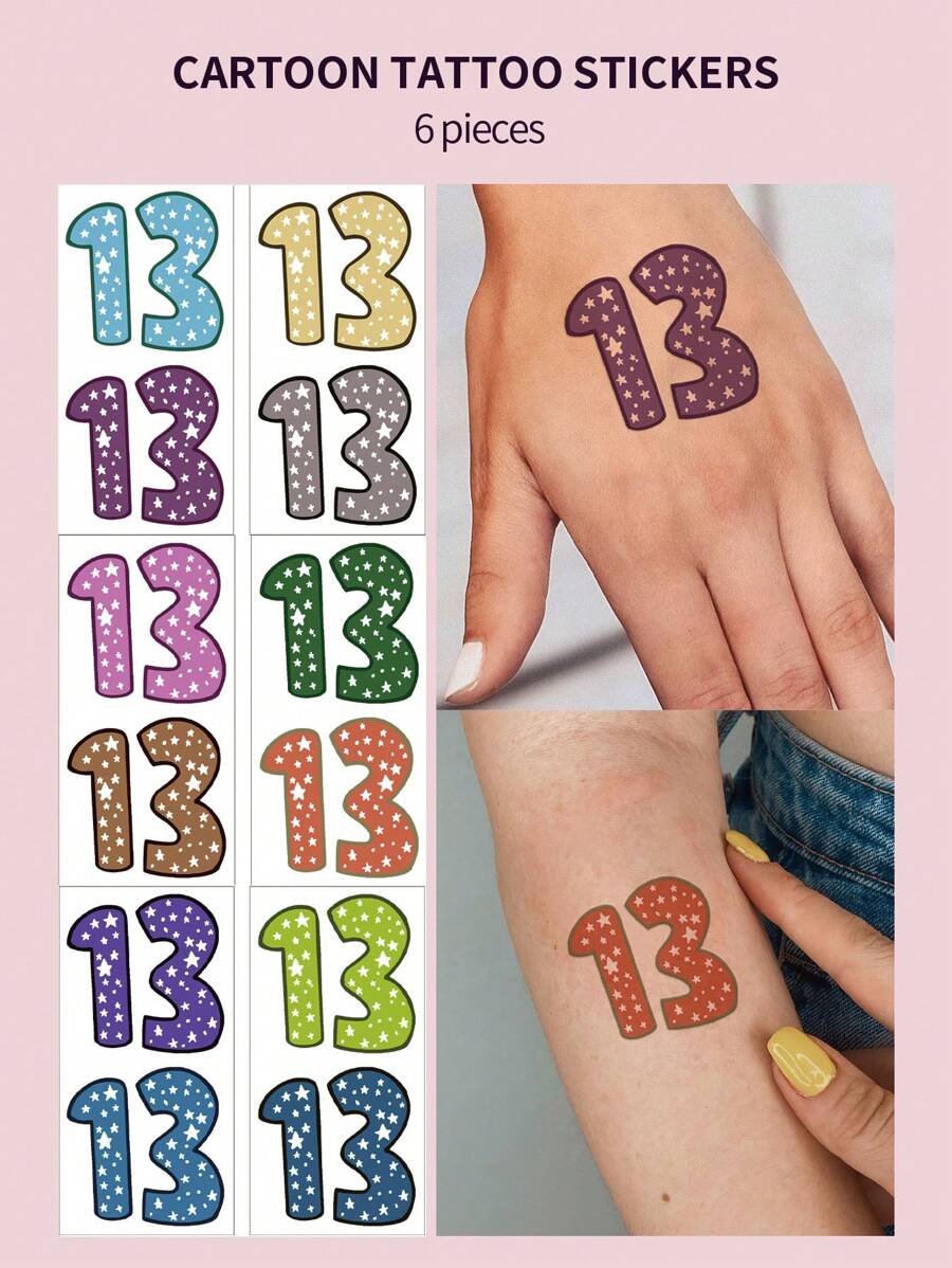 6張/12入彩色數字13紋身貼紙,帶星型圖案,非常適合派對、節日、音樂會和藝人打扮 - 彩色 - 查看 1