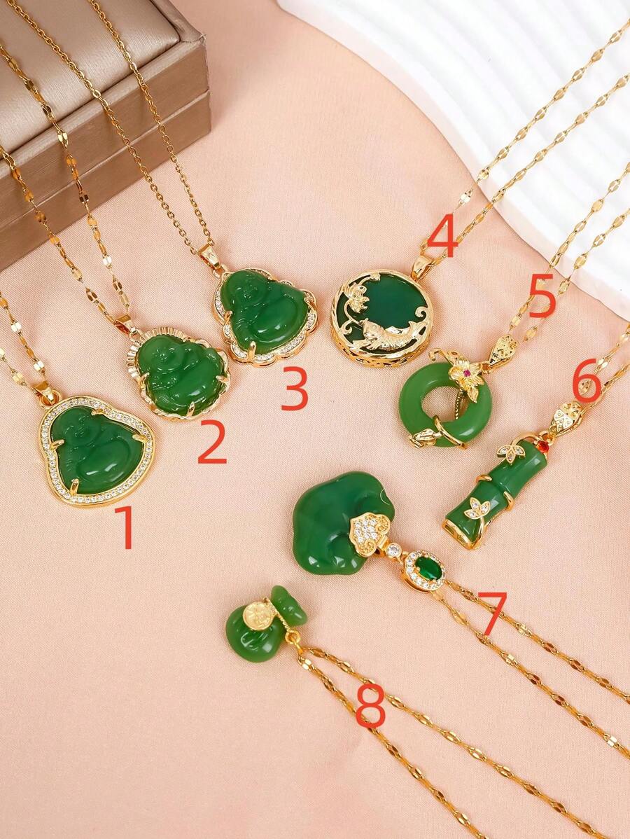 1個多款式綠石項鍊,不鏽鋼翡翠石吊墜項鍊,適合女性和女孩 - 彩色 - 查看 1