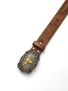 復古壓花牛頭扣棕色皮帶 - 鏽棕色 - 查看 3