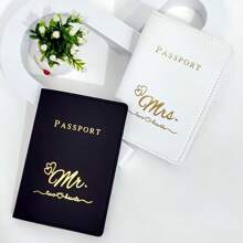 2PCS A Set Mr/Mrs Lovers Passport Cover Passport Case Passport Holder Passport Wallet Card Holder Lightweight Fashion Solid Color PU Leather Travel Accessories For Flight Couples Gifts For Women For Men For Boys For Girls Vacation Accessories Travel Accessory Set For Holiday Season Women Gifts Couple Gifts - Black and White - View 3