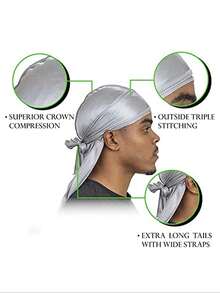 Lụa Durag - Trơn tru Lụa Durag Cho nam giới & NỮ , Dài Giường đôi tiêu chuẩn Rộng Dây đai , Ngoài Đường may Gấp ba Nghề thêu Stitch Giẻ - Bạc - Xem 3