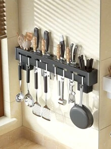 1pc Utensil Rack With 2 Chopstick Holder And 8 Hook, Wall Mount Kitchen Organization And Storage Rail, Multifunctional Steel Spoon Kitchen Storage Rack, Kitchen Accessories - Black - View 1