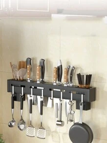 1pc Utensil Rack With 2 Chopstick Holder And 8 Hook, Wall Mount Kitchen Organization And Storage Rail, Multifunctional Steel Spoon Kitchen Storage Rack, Kitchen Accessories - Black - View 5