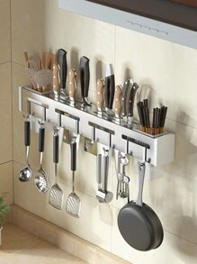 1pc Utensil Rack With 2 Chopstick Holder And 8 Hook, Wall Mount Kitchen Organization And Storage Rail, Multifunctional Steel Spoon Kitchen Storage Rack, Kitchen Accessories - Black - View 3