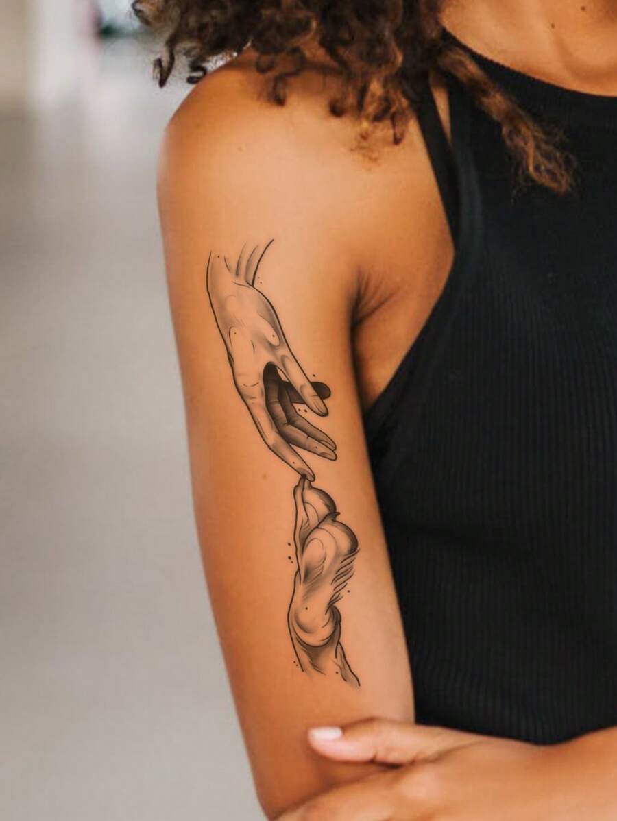 1pc Black Abstract Animal Paw Touching Finger Pattern Large Temporary Tattoo Sticker For Chest, Back, Abdomen - Black - View 1