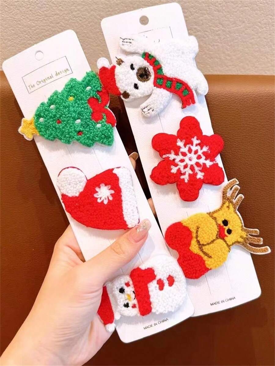 6 件裝聖誕主題髮夾套裝,可愛毛絨 Bb 夾,針織卡通髮夾,配有聖誕雪人、鈴鐺、鹿、樹、雪花,送給女朋友和派對的完美禮物