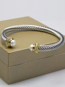 1 cái Của Châu Âu và Châu Mỹ Đúng mốt Thép không gỉ Hai màu 6mm Của phụ nữ Vòng tay Với Cao-kết thúc Cable Dây thừng Cổ tay áo Và Hai mặt Ngọc trai giả Mở có thể điều chỉnh Vòng tay Vòng tay Thích hợp Đối với Quyến rũ Món quà Đối với Gia đình , Bạn Và - Bạc - Xem 4