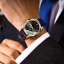 1入商務風格成熟棕色皮革錶帶手錶,帶豪華金色錶盤、經典黑色錶盤、鑽石刻度、不鏽鋼錶殼、日曆顯示、雙顯示、防水石英手錶