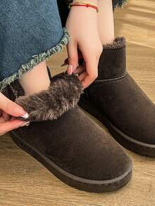 女士冬季保暖毛絨雪靴,圓頭高筒短靴,時尚情侶風格,橡膠厚底易穿脫