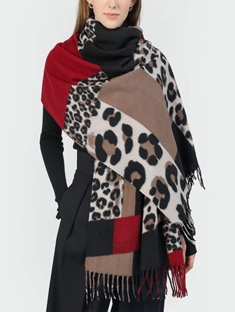 波西米亚风单件装女士欧美风印花仿羊绒围巾，适合秋冬季保暖，撞色豹纹图案，百搭长款披肩配饰