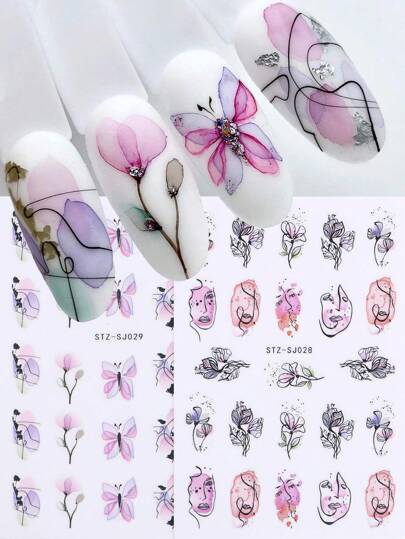 2pcs Watercolor Flowers Abstract Face Nail Art Stickers Decals 3D Adhesive Charms Butterfly Nail Sliders Manicure Decorations DIY Nails Nail Supplies
