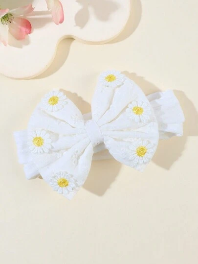 1 pieza Diadema elástica con decoración de margarita blanca y lazo para niñas pequeñas, vincha de tela suave, accesorio para el cabello para fiesta de boda, San Valentín