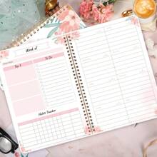 Trees Greencery Weekly Notebook Undated Daily Schedule Planner Spiral Goals Planner Agenda With Habit Tracker, To Do List, Top 3, 8.5"*5.5", 100gam Paper, 52 Sheets - Pink - View 2