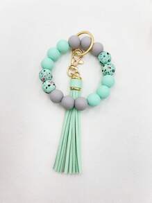 1pc Pu Leather Fringe & Silicone Beaded Keychain & Bracelet - Green - View 5