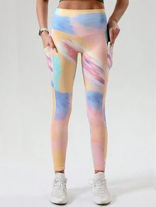 桃紅色彩薩菲亞花卉圖案褲襪,高腰,控肚,口袋,無痕感,壓縮運動健身瑜珈褲 - 淺灰紫 - 查看 4