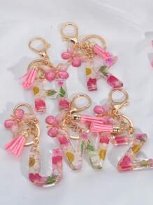 波西米亞風格1pc字母為首飾樹脂乾花鑰匙扣與白色雛菊吊墜，適用於學生背包的禮品裝飾 - 粉色 - 查看 5