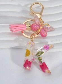波西米亞風格1pc字母為首飾樹脂乾花鑰匙扣與白色雛菊吊墜，適用於學生背包的禮品裝飾 - 粉色 - 查看 9