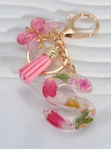 波西米亞風格1pc字母為首飾樹脂乾花鑰匙扣與白色雛菊吊墜，適用於學生背包的禮品裝飾 - 粉色 - 查看 11