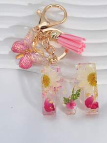 波西米亞風格1pc字母為首飾樹脂乾花鑰匙扣與白色雛菊吊墜，適用於學生背包的禮品裝飾 - 粉色 - 查看 8